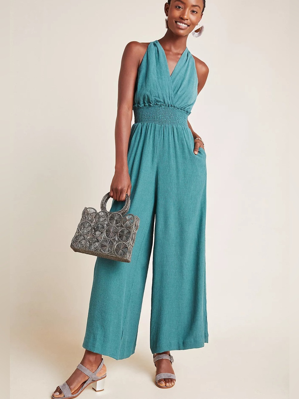 Anthropologie Bionda Plisse Halter Jumpsuit | Teal | Small